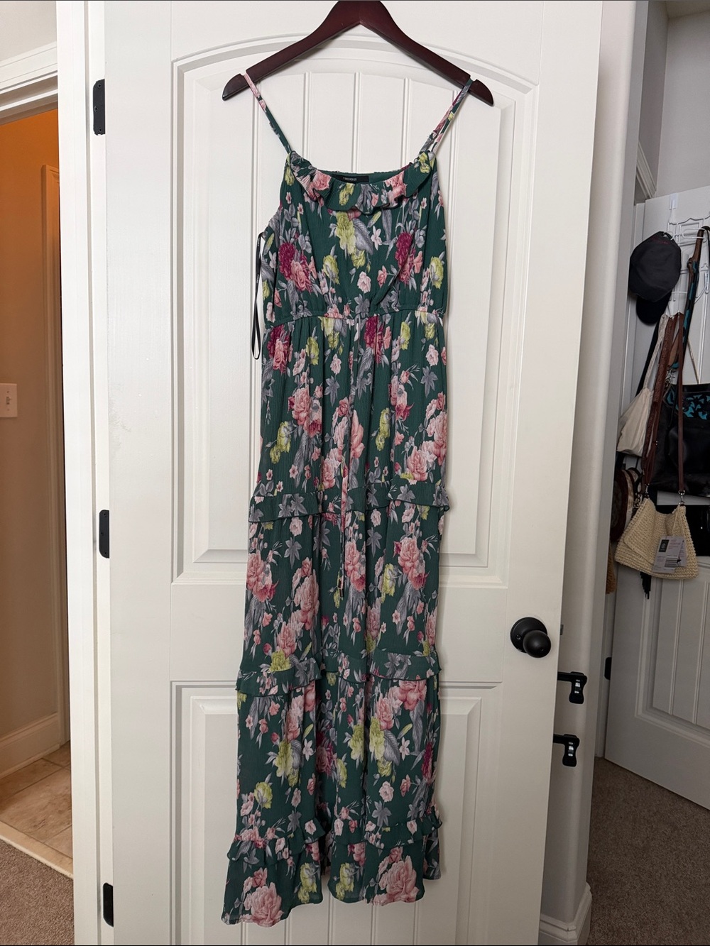 Forever 21 Green Floral Maxi Dress with Pink Roses